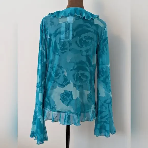 NWT Something New X Cenit Nadir Aqua Sheer Rose Detail Tie Front Ruffle Top Sz M - Picture 3 of 7